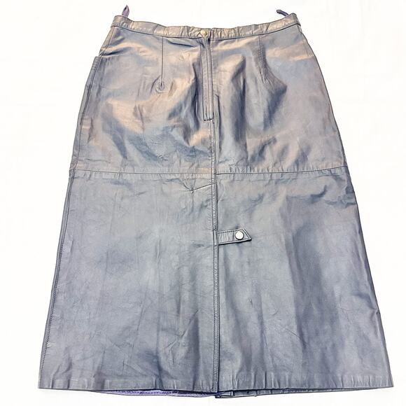 SKOGAR Navy Blue Midi Leather A-Line Skirt Below Knee Size 46 - Picture 2 of 6